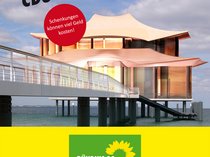 Wahlplakat Kommunalwahl 2013, Motiv mit asiatischem Teehaus auf der Ostsee und dem Text: Danke CDU und WUB, Geschenke können teuer sein.